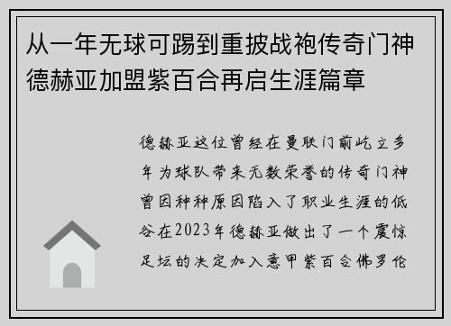 从一年无球可踢到重披战袍传奇门神德赫亚加盟紫百合再启生涯篇章