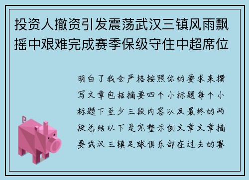 投资人撤资引发震荡武汉三镇风雨飘摇中艰难完成赛季保级守住中超席位