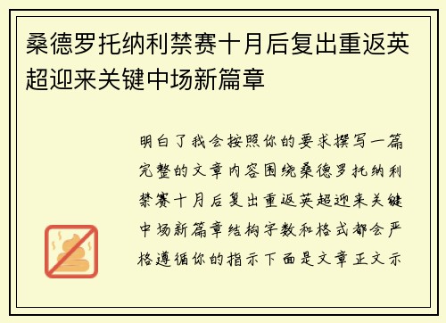 桑德罗托纳利禁赛十月后复出重返英超迎来关键中场新篇章